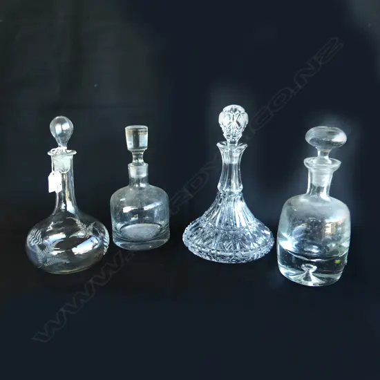 4 DECANTERS; SHIP, FERN ETCHED, BOHEMIA, KROSNO H.280mm