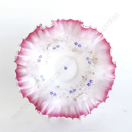 VICTORIAN GLASS DISH WITH CRANBERRY FRILLED EDGE. DIA 220MM