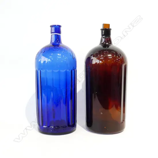 2 LG VINTAGE BLUE & RED GLASS POISON BOTTLES H.340MM