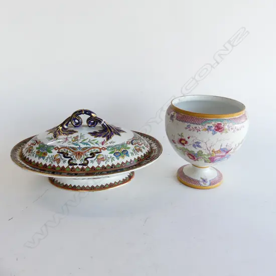 LATE 19thC IRONSTONE LIDDED TUREEN L.300mm repair + DEVON PORCELAIN 'PEKING' FOOTED VASE H.160mm