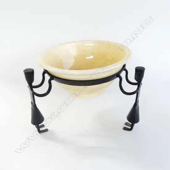 3 HAND MADE METAL FIGURES HOLDING VINTAGE MIXING BOWL 300mm dia