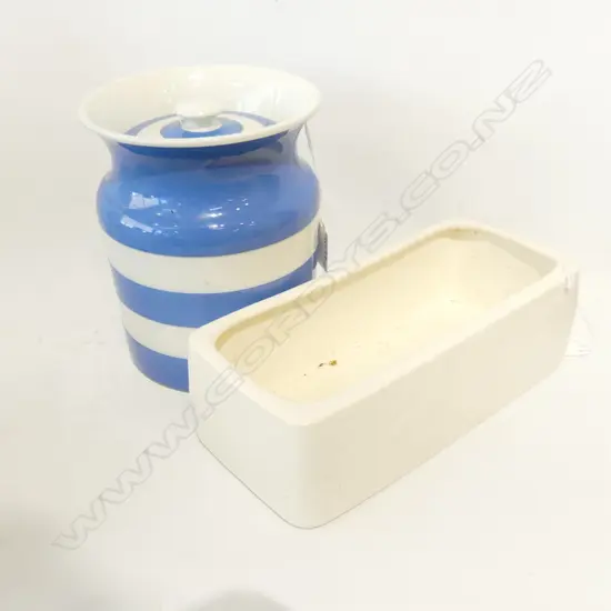 LG T G GREEN BLUE & WHITE CORNISH WARE CANISTER H. 175MM + CROWN LYNN WHITE TROUGH VASE L. 240MM, TIKI STAMP
