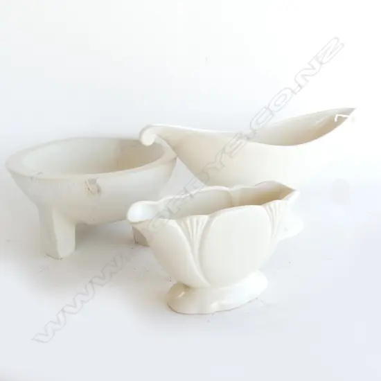 2 WHITE ENGLISH VASES; DARTMOUTH & BESWICK W.330mm (faulted) + WHITE STONE KAVA BOWL 205mm dia