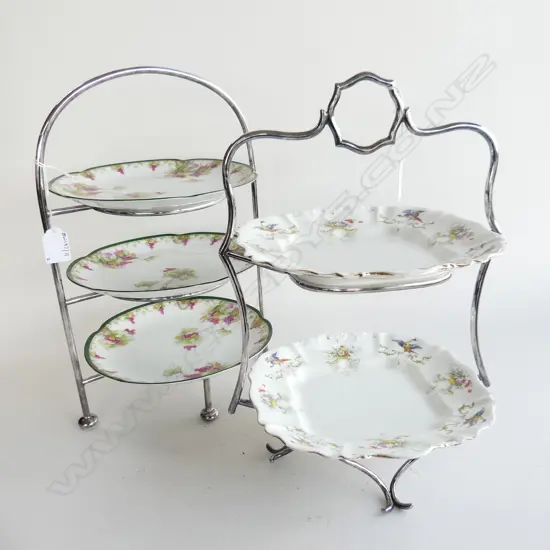 2 EP PLATE STANDS WITH EDWARDIAN CHINA PLATES H370MM