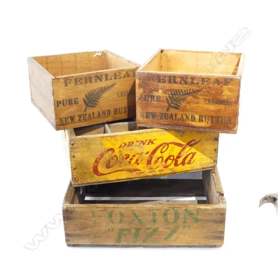 4 WOODEN CRATES w. ADVERTISING STENCILS; FERNLEAF BUTTER ETC