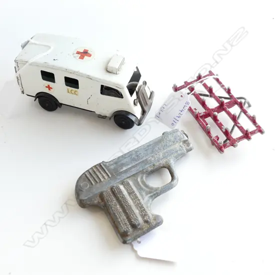 TRIANG TIN TOY AMBULANCE L125MM  FUNHO SOIL TILLER &SLEUTH TOY GUNL120MM