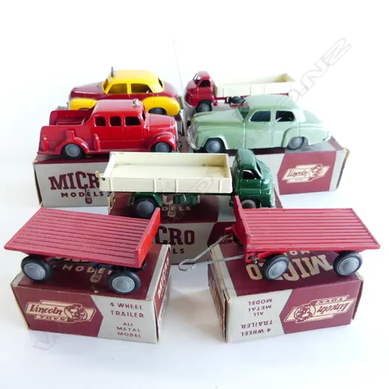 7 LINCOLN MINT & BOXED MODELS BEDFORD TRUCK/HUMBER SNIPE/HOLDEN TAXI/BEDFORD TIP TRUCK/FIRE ENGINE& 2 TRAILERS