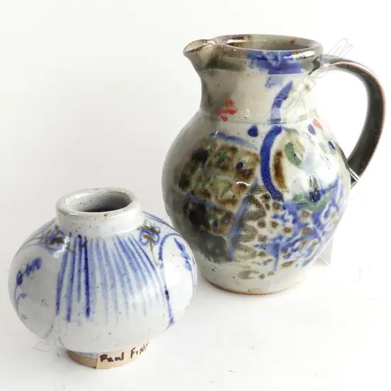 2 PAUL FISHER PCES; JUG & SMALL OVOID VASE INCISED MARK TO BOTH H.