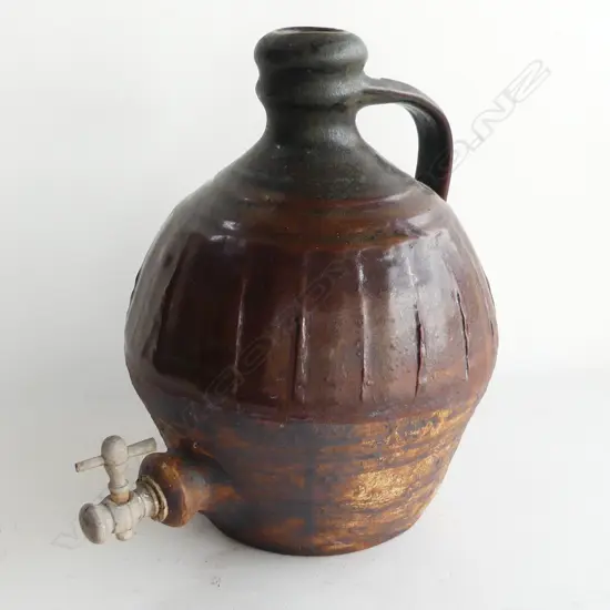  LARGE WILF WRIGHT WINE DECANTER OIL FIRED w. TENMOKU GLAZE & IMPRESSED MARK H.300mm
