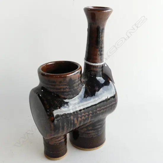 BRUCE MARTIN STEAM ENGINE IKEBANA VASE, TENMOKU GLAZE, IMPRESSED MARK H.210mm