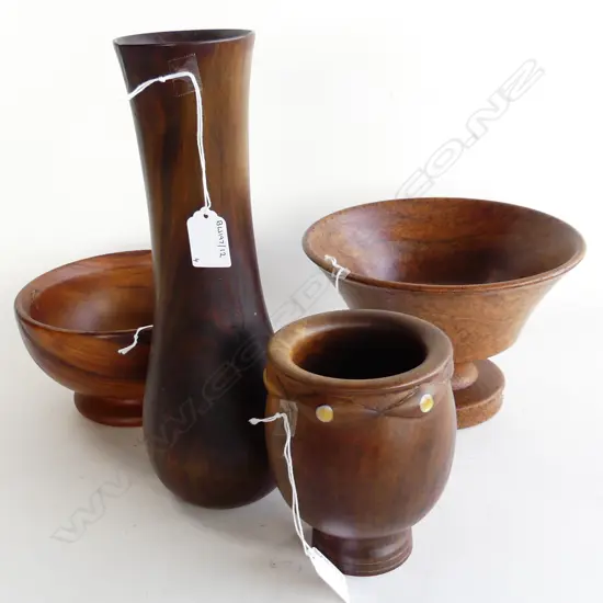 TURNED KAURI BOWL W180MM KAURI VASE H300MM & 2 OTHER TURNED WOOD PCS