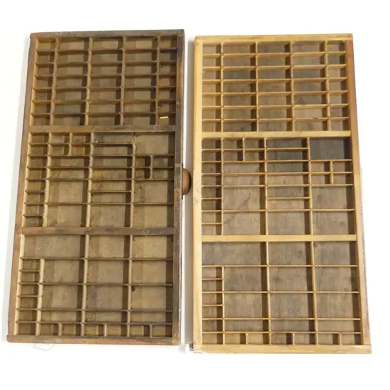 2 OLD PRINTERS TYPE DRAWERS w multi section display 820 x 420mm