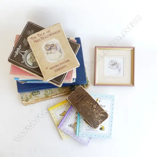 13 CHILDRENS BOOKS INCL. A. A. MILNE POOH / BEATRIX POTTER + PRINT 'MRS TIGGY-WINKLE'