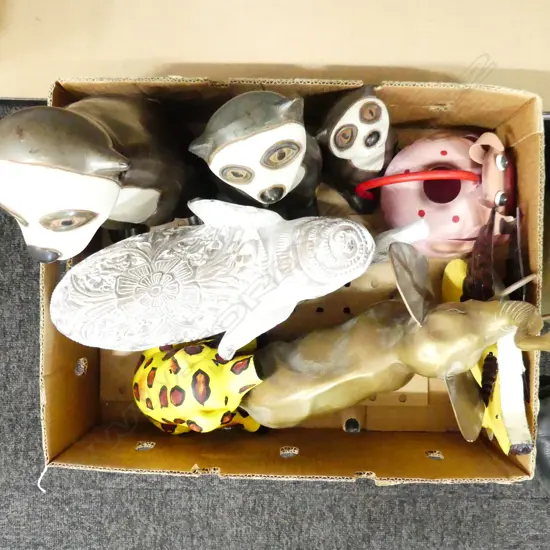 BOX LOT ASST. DECORATIVE ANIMALS; 3 PCE CERAMIC MEERKAT SET, 2 ELEPHANTS, 3 PIGS