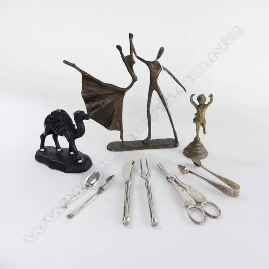 5 PCES EP, STG TEAPSOON, BRASS ANGEL, ABSTRACT DANCING COUPLE, BLACK CERAMIC CAMEL