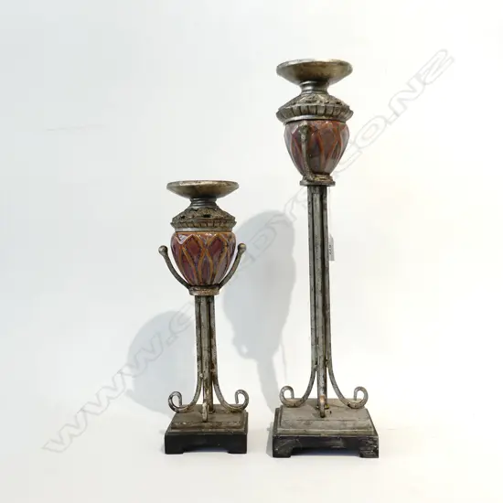 2 OLD WROUGHT IRON & CERAMIC PILLAR CANDLE HOLDERS H. 475 & 330MM