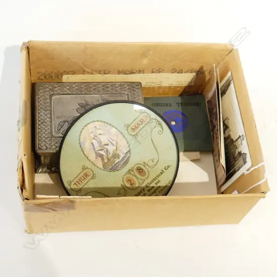 SMALL BOX OF COLLECTABLES JEWLERY BOX POSTCARDS  CALENDER ETC