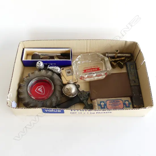 BOX OF COLLECTABLES PIPE ASHTRAYS SWORD HANDLE ETC 