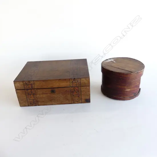 2 WOODEN BOXES; INLAID WRITING BOX W.305mm & SHAKER STYLE 195mm dia