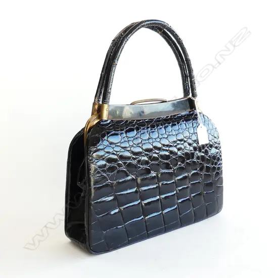VINTAGE BLACK CROCODILE LEATHER HAND BAG W.300mm