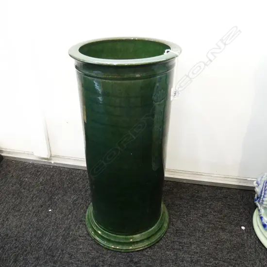 GREEN GLAZED UMBRELLA STAND; LANES POTTERY H.545mm 260mm dia 
