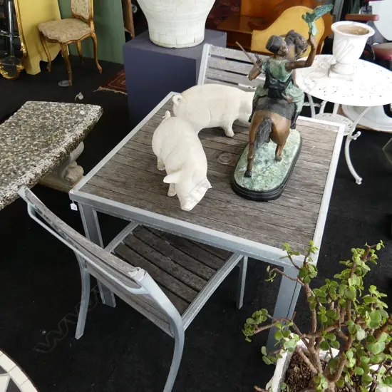 SQUARE OUTDOOR TABLE & 2 CHAIRS - WHITE METAL & TEAK 900x900x690mm