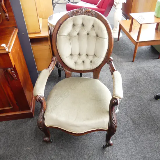 VICTORIAN GRANDMOTHER CHAIR; GREEN VELVET BUTTON BACK