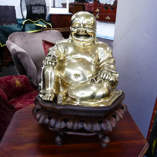 BRASS BUDDHA ON ORNATE 2 PART HARDWOOD STAND H.480mm W.400mm