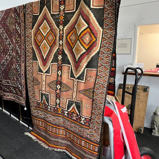 SEMI ANTIQUE KELIM RUG GEOMETRIC DECORATION 3050 x 1220mm attractively faded