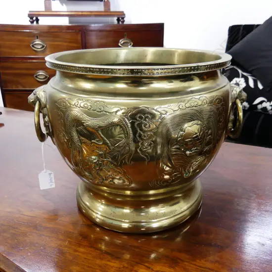 LG CHINESE BRASS POT w. CAPTURED LION HANDLES & DRAGON DESIGN 280mm dia H.250mm