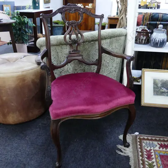 CHIPPENDALE STYLE CARVER CHAIR CRIMSON VELVET SEAT