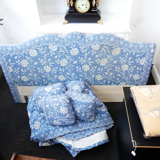 BLUE UPHOLSTERED BED HEAD W.1600MM + MATCHING DUVET & CUSHIONS