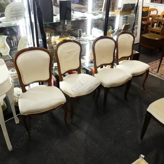 4 FRENCH STYLE DINING CHAIRS - WHITE UPHOLSTERY WORN
