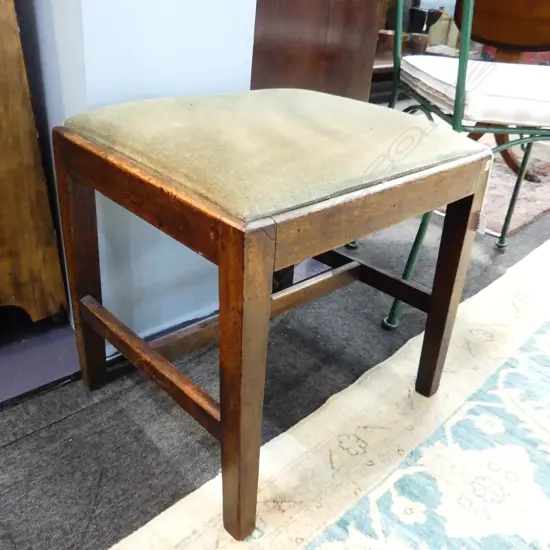 ANTIQUE MAHOGANY FOOT STOOL; GREEN VELVET TOP 475x415x470mm
