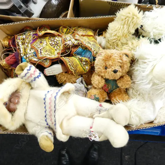 BIG BOX LOT ASST TEDDY BEARS INCL BRIDE & GROOM + INUIT DOLL & THAI STRING PUPPET