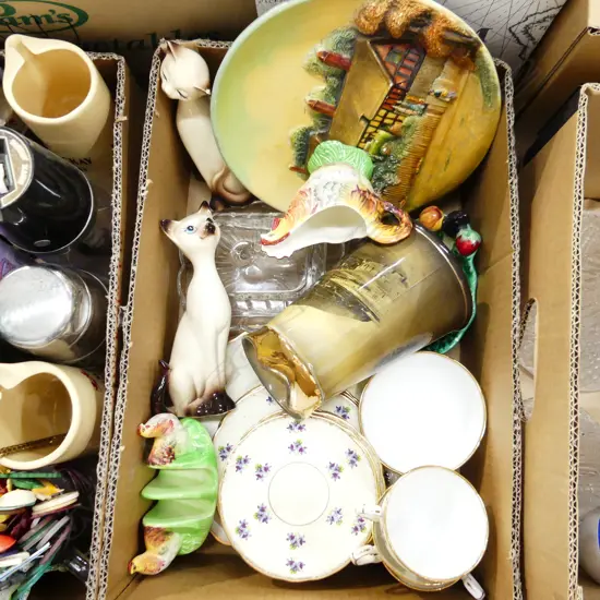 BOX ASST INCL ROYAL STAFFORD VIOLET TEA SET, FIGURINES ETC..