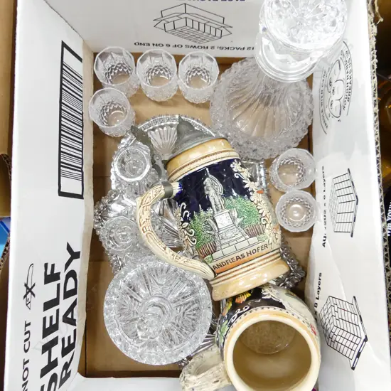 BOX ASST CRYSTAL & GLASS INCL DECANTER & DRESSING TABLE SET + 2 GERMAN STEINS 