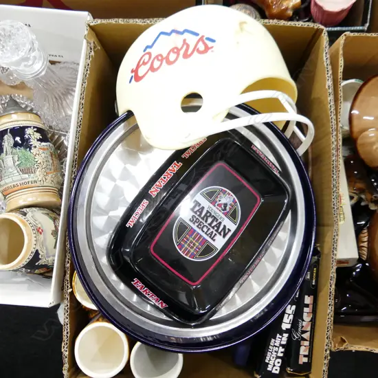 BOX LOT ASST INCL BAR COLLECTABLES, TRAVEL GAMES INCL  AIR NZ CHESS