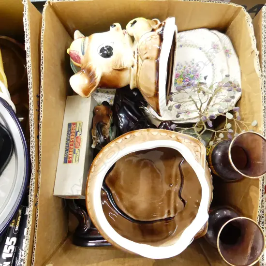 BOX ASST INCL VENETIAN GLASS VASES, COOKIE JAR, H & K TUNSTALL SET ETC..