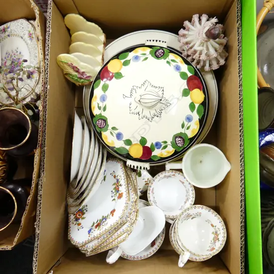 BOX ASST INCL AYNSLEY TEA SET, TITIAN WARE, CARLTON WARE TOAST RACK ETC..