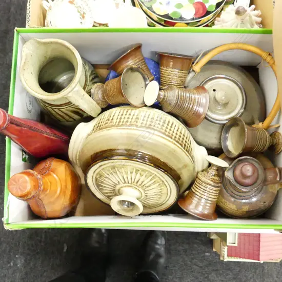 BOX ASST POTTERY & 2 LEATHER BOUND DECANTERS ETC..