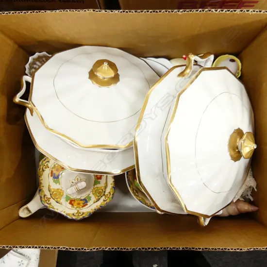 BOX ASST CHINA INCL 2 WHITE & GOLD GILD SERVING DISHES, TEAPOT, RA PLATES ETC..