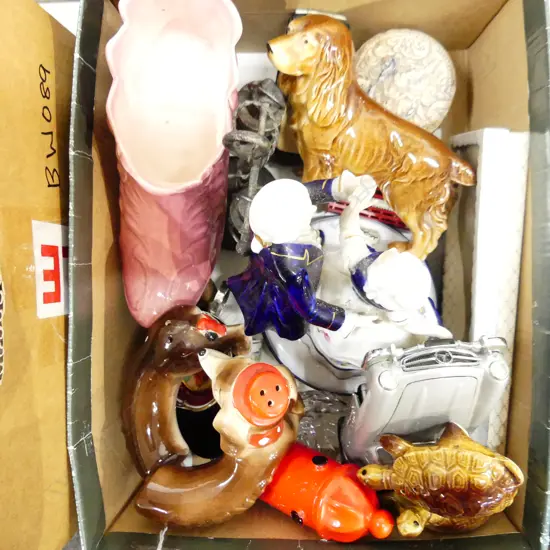 BOX ASST COLLECTABLES INCL S&P SHAKERS, TOY CARS, FIGURINES ETC..