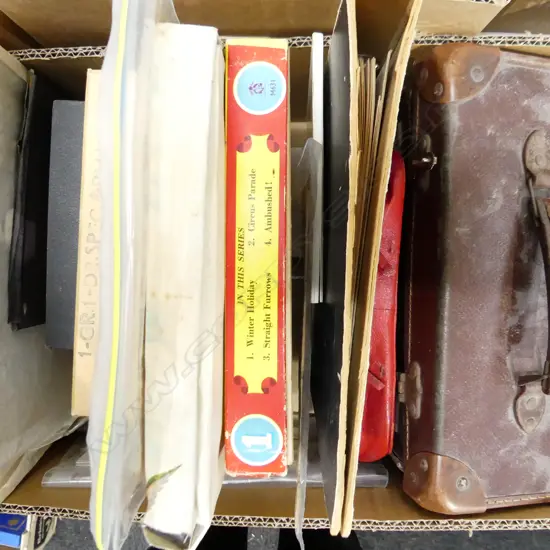 BOX MISC INCL SM LEATHER CASE, OLD JIGSAW PUZZLES, FIRST DAY COVERS ETC..