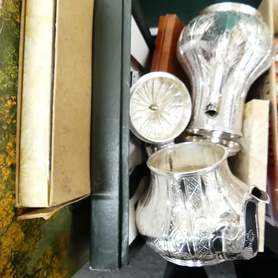BOX LOT ASST. CASED CUTLERY INCL. PR SILVER PLATE TEAPOTS & ST. JAMES CHEESE KNIFE SET, BOXED
