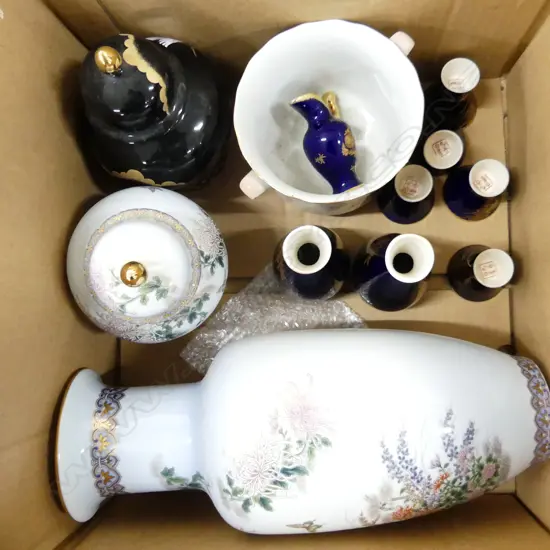 JAPANESE PORCELAIN;  SAKE SET, 2 GINGER JARS, LG VASE, JARDINIERE ETC.