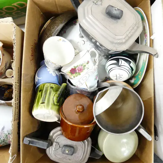 BOX LOT ASST. CHINA & POTTERY + EP TEA SET