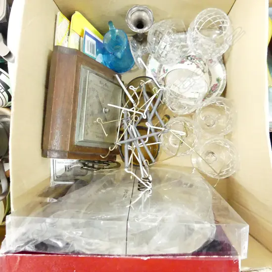 BOX MISC INCL OLD MAPS, CRYSTAL STEMWARE, RODD DISH, BAROMETER ETC..