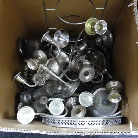 BIG BOX LOT ASST OLD SILVER PLATE INCL CANDLELABRAS ETC