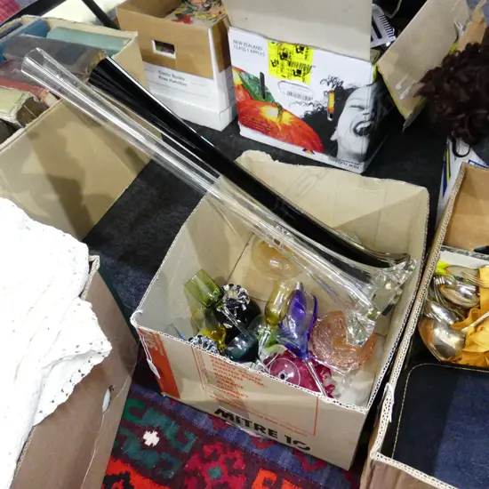 BOX LOT COLOURED GLASS COLLECTION; TALL VASES/STEM-GLASSES/PERFUME/ETC